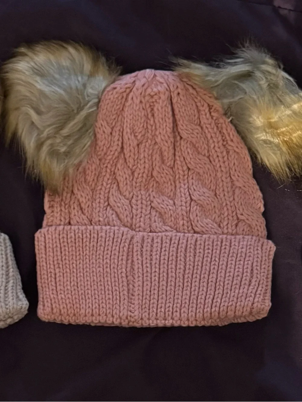 Baby Winter Hats In Cream, Pink & Tan With Double Pom Poms